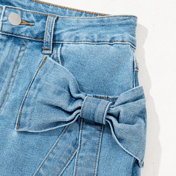 ๐ Dusk Blue Acid Wash Denim Skirt with Bowknot โ High-Waist & Head-Turning! - Picture 6 of 7